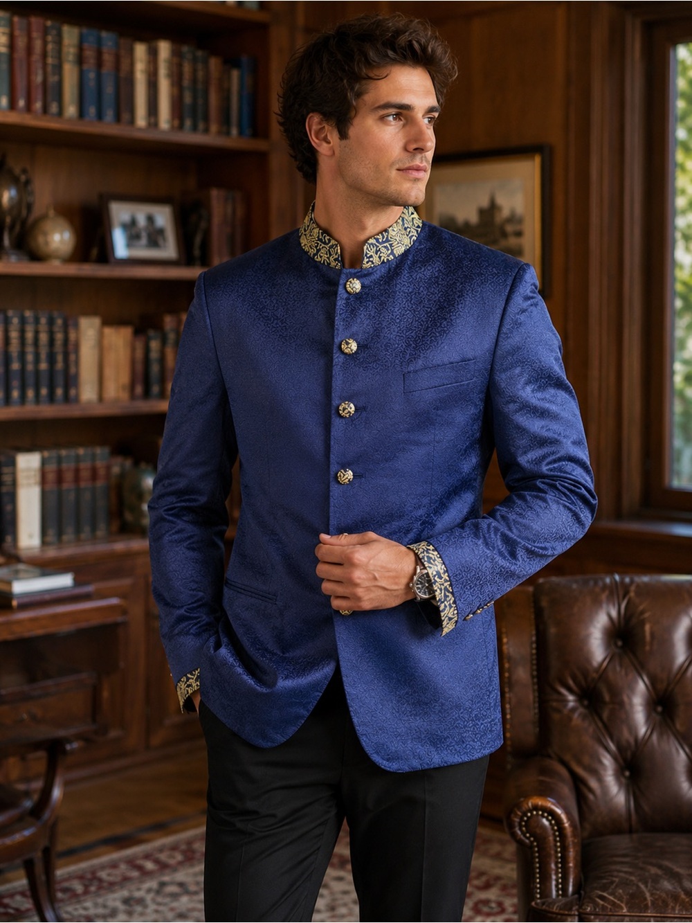 Custom Tailored Indo Western Jacquard Formal Jacket Blue Brocade Wedding Blazer